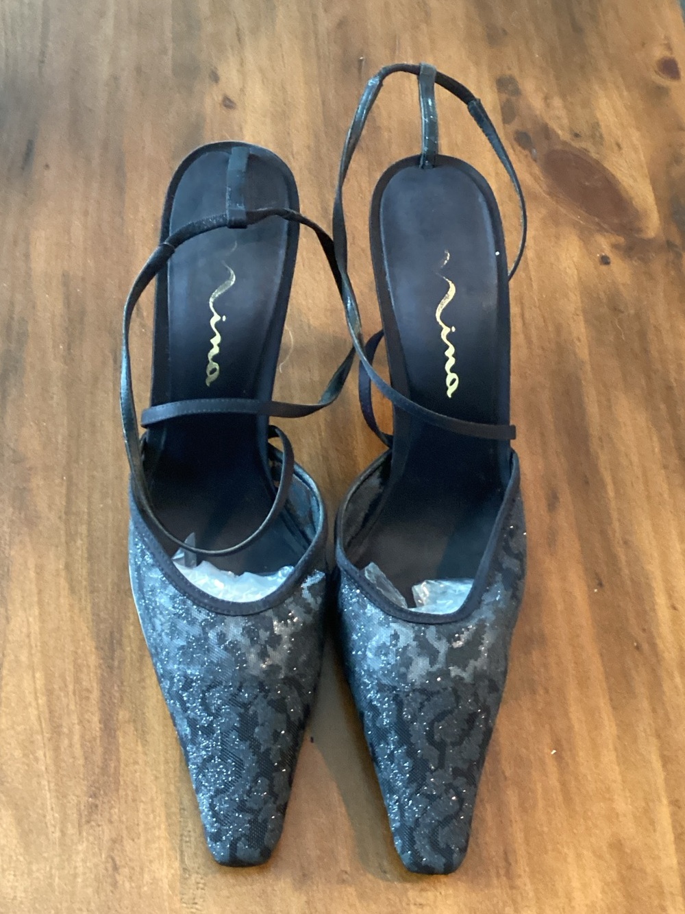 Nina Black Lace & Sequin Pointed Slingback Heels